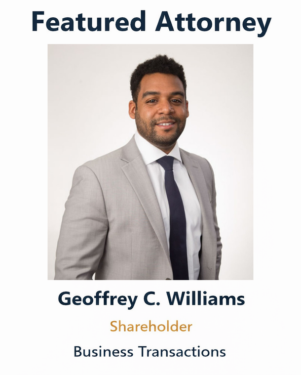 Featured Attorney Geoffrey C. Williams, Shareholder in Business Transactions, wearing a suit and tie against a white wall.