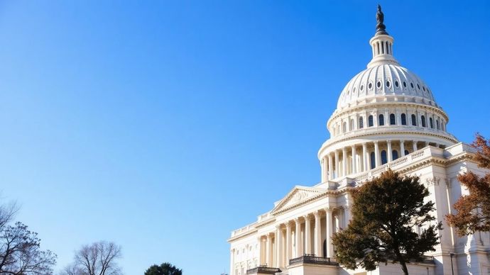 The U.S. Capitol building, with its white dome and columns, stands under a clear blue sky on a sunny day.