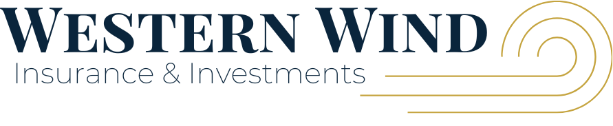 Logo for Western Wind Insurance & Investments. Text is navy blue, and a gold wind swirl graphic is to the right.