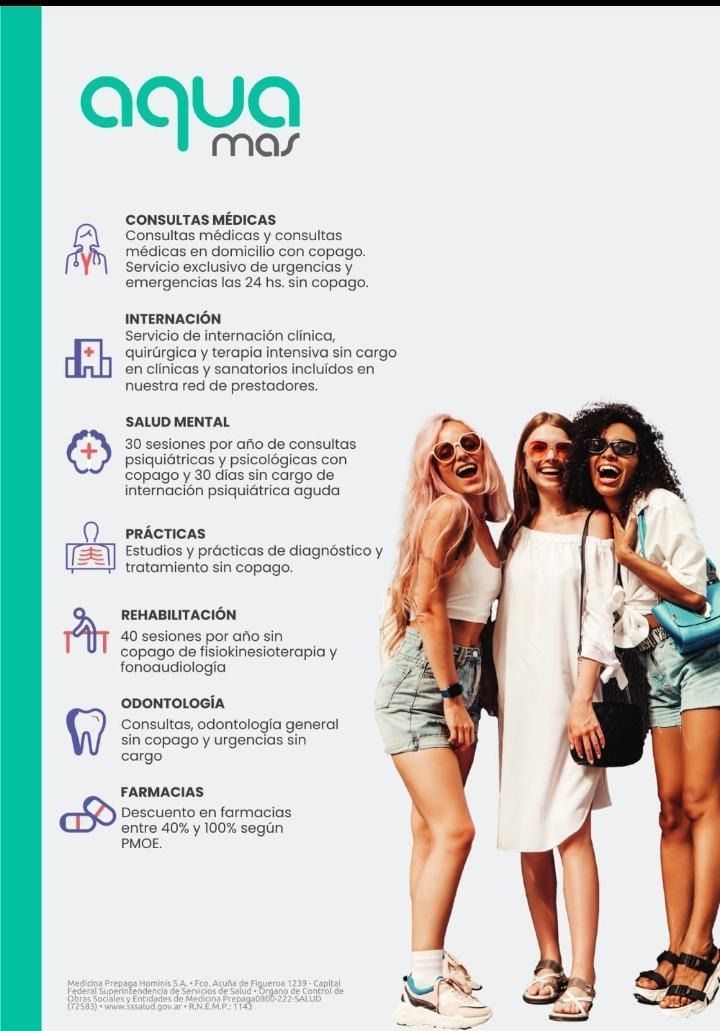 Póster promocional de Aqua Mar con texto y tres personas sonrientes con ropa de verano a la derecha.