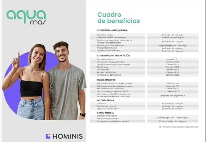Folleto promocional con una pareja sonriente y una tabla de beneficios en tonos verde azulado, blanco y morado.