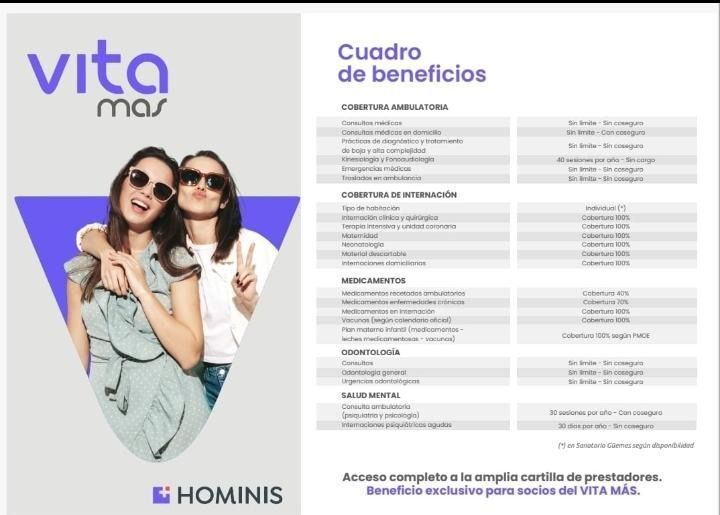 Cuadro de beneficios de Vita Más con dos mujeres sonrientes y lista de beneficios médicos.