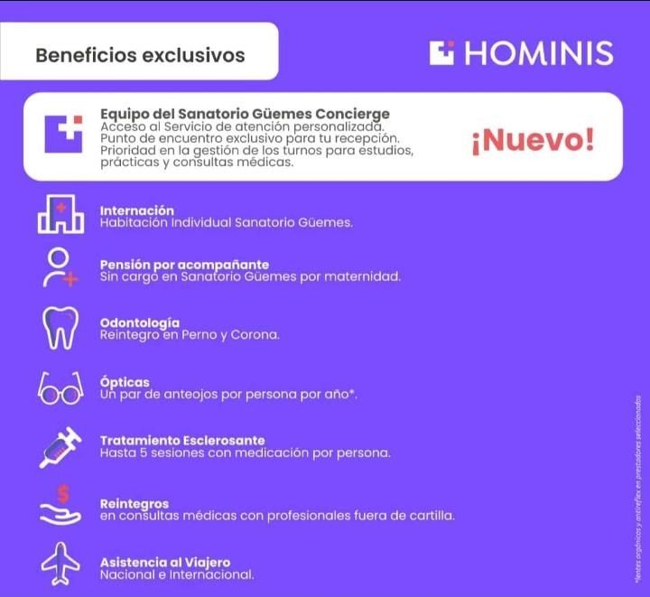 Infografía morada de Hominis con beneficios exclusivos y lista de servicios dentales y de asistencia médica.