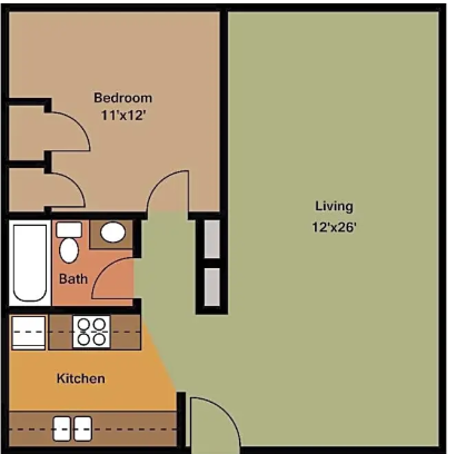 A floor plan of a bedroom , living room , bathroom and kitchen.