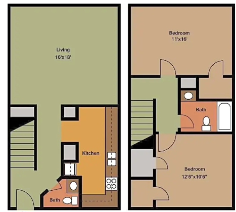 A floor plan of a house with two bedrooms and a bathroom.