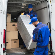 Family smiles inside a car, driving on a sunny day.