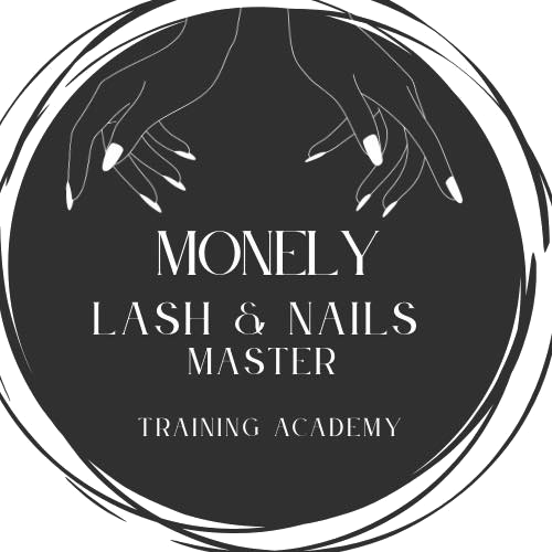 Un logo in bianco e nero per un'accademia di formazione specialistica per ciglia e unghie.