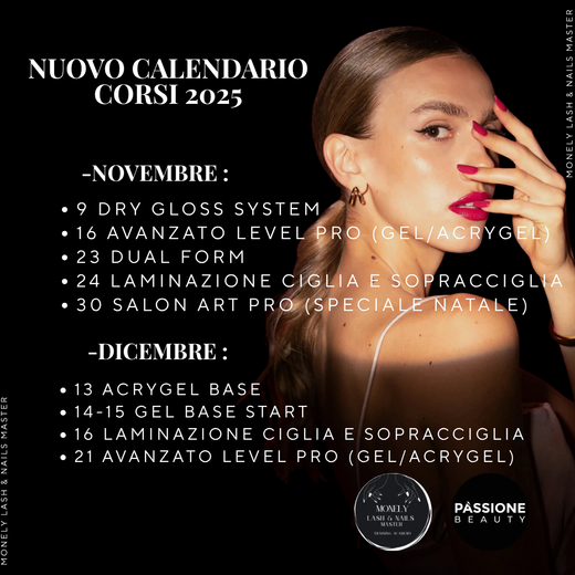 Una donna impegnata in una promozione di prodotti di bellezza con un calendario di corsi, con date e argomenti come nail art e laminazione delle ciglia.