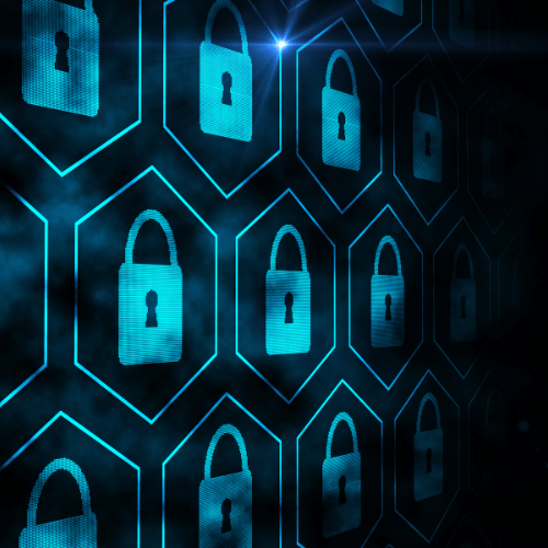 Blue digital padlocks inside hexagonal shapes, representing cybersecurity.