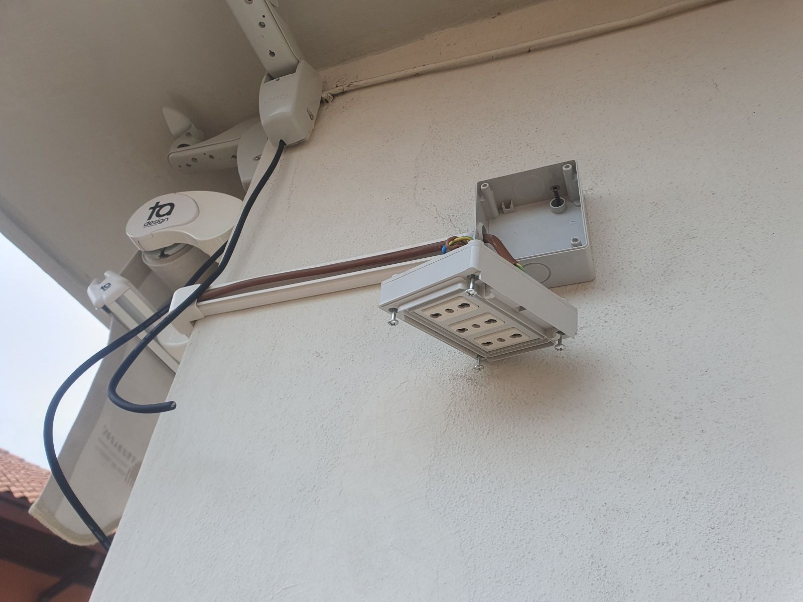 Un muro bianco con alcune prese elettriche