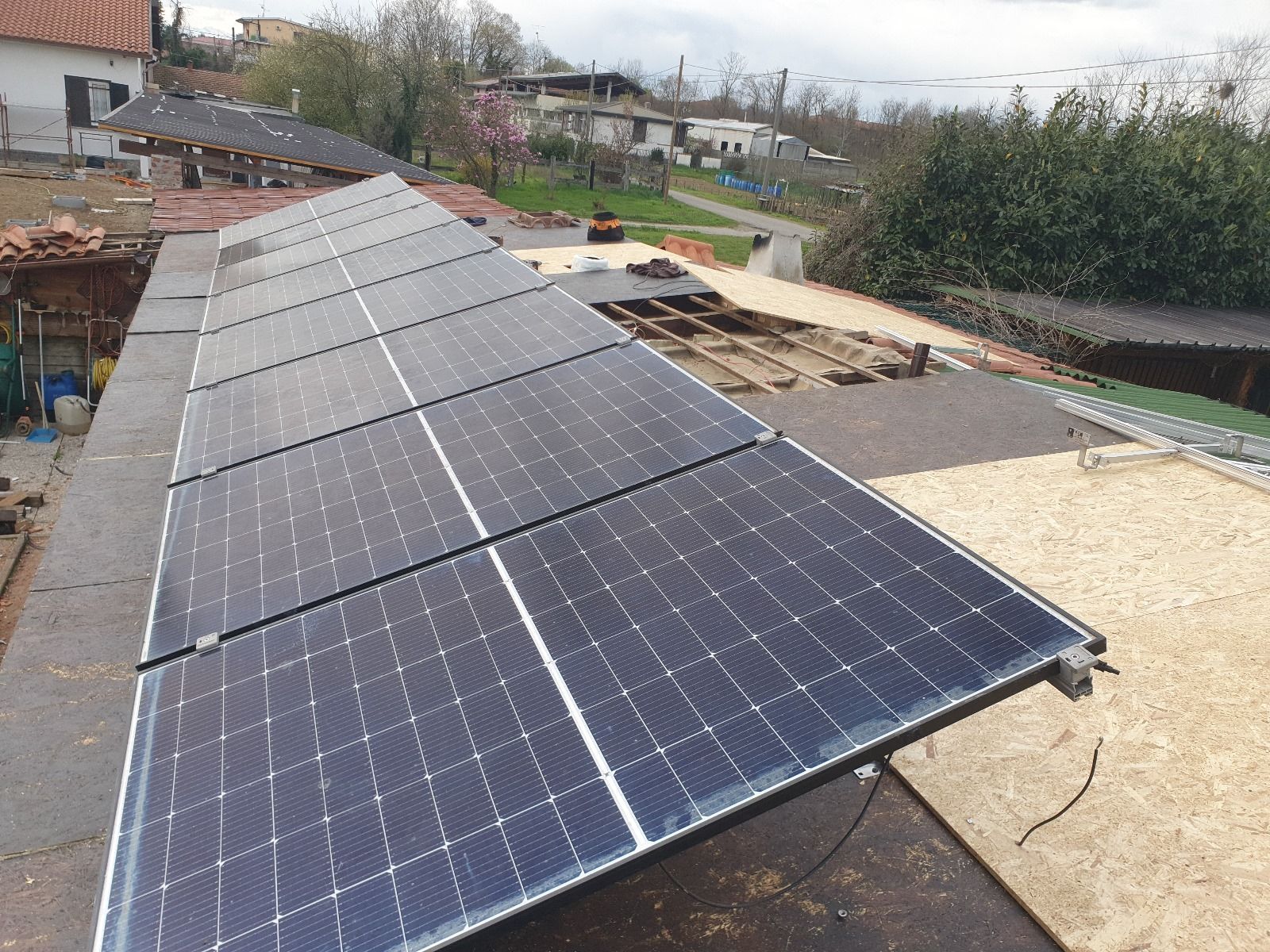 Una fila di pannelli solari posizionati sulla cima di un tetto