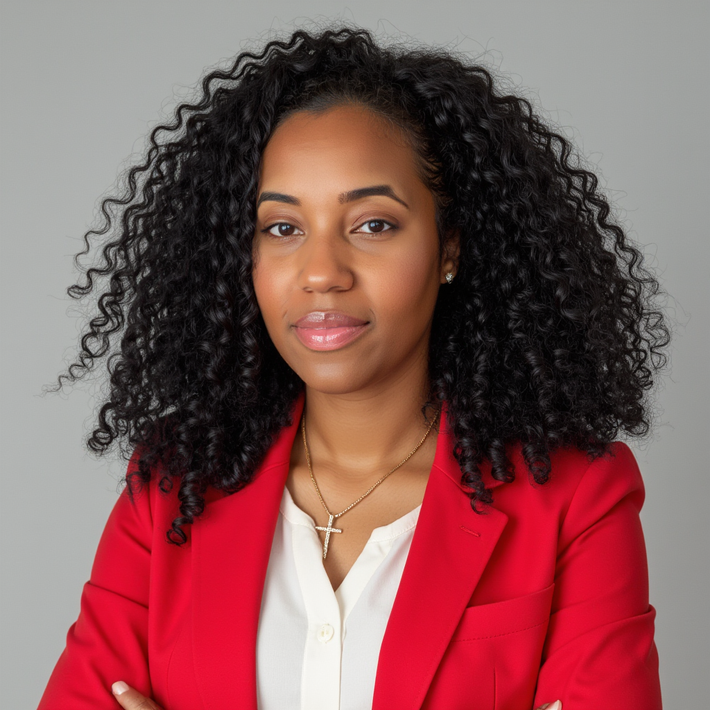 A woman with curly hair is wearing a red jacket and a cross necklace