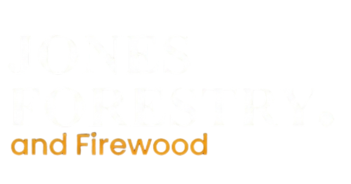 Logo for Jones Forestry and Firewood with white text on top and orange text on the bottom.