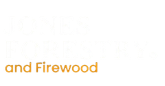 Logo for Jones Forestry and Firewood with white text on top and orange text on the bottom.