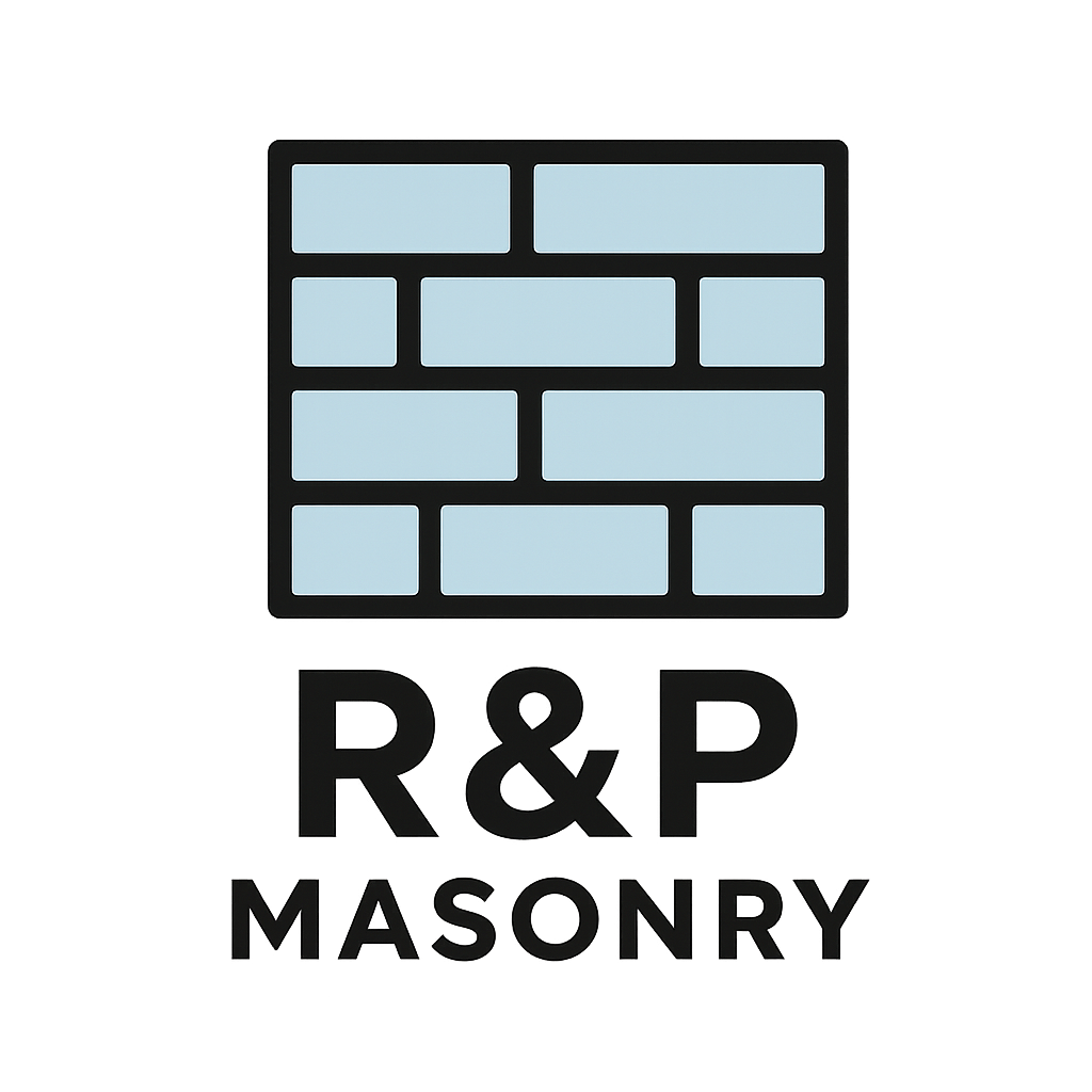 Logo: Brick pattern above "R&P MASONRY" in black text. Blue bricks, black outline.
