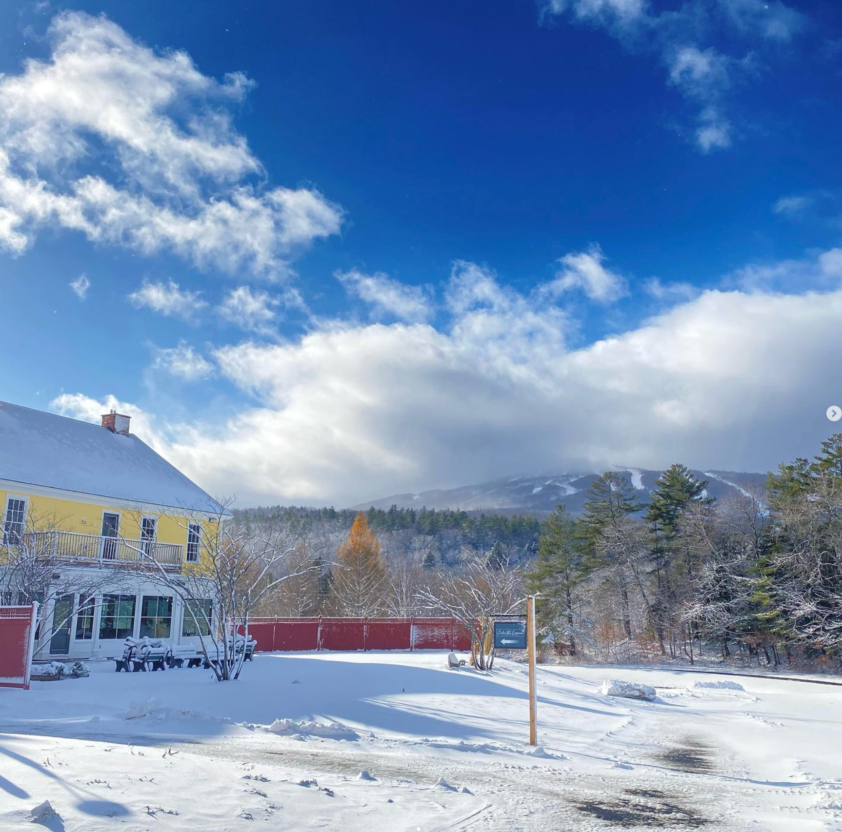A snowy field with a house in the background