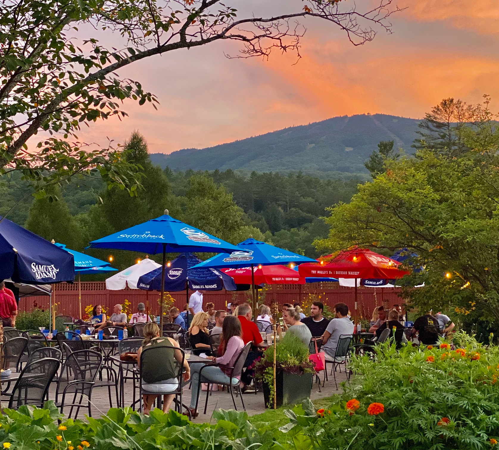 A group of people sitting at tables under umbrellas with mountains in the background
