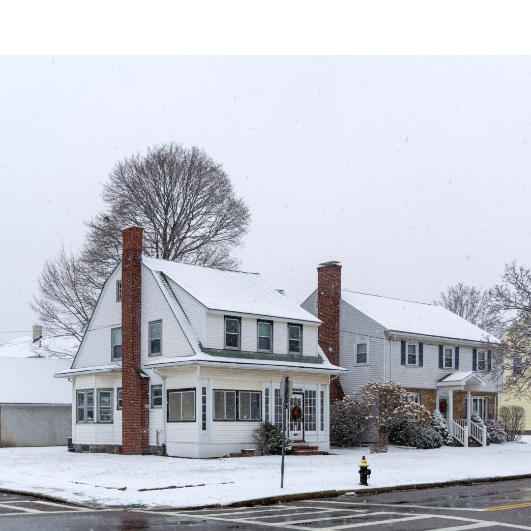 Two houses are covered in snow on a snowy day