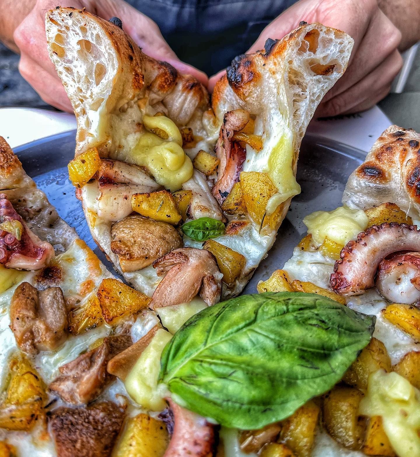 Una persona tiene in mano una fetta di pizza.