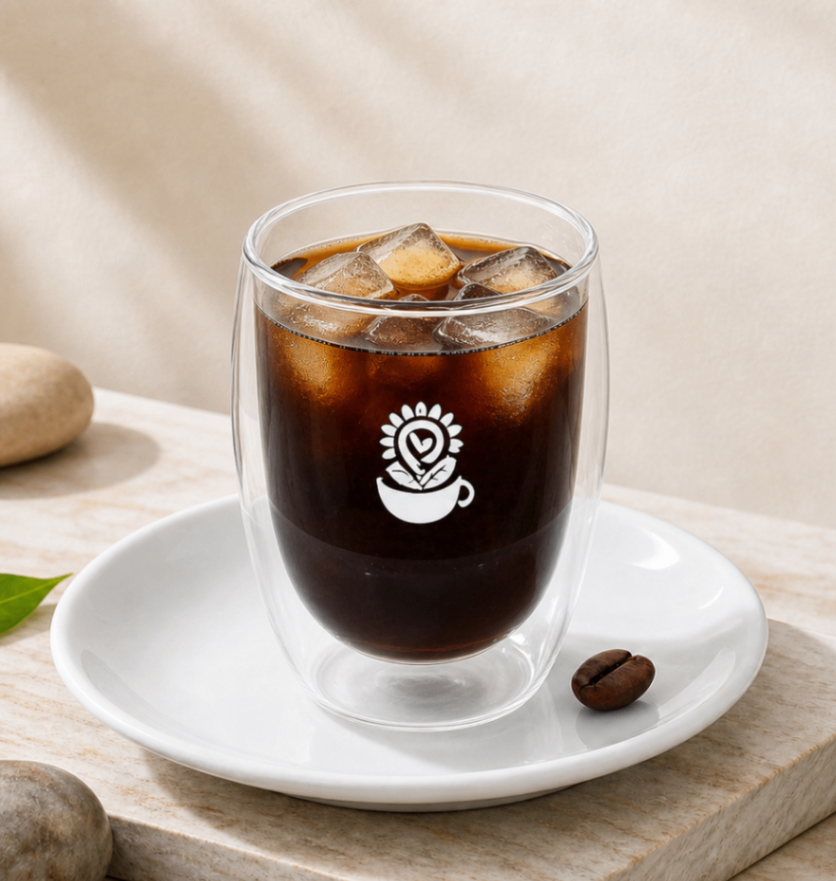 Iced coffee in a double-walled glass on a white saucer, with a coffee bean on a light wooden table.