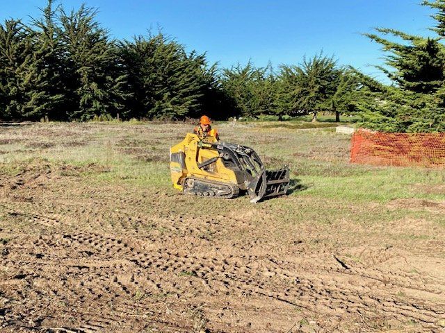 A person operates a yellow skid steer on a grassy field; trees in background.