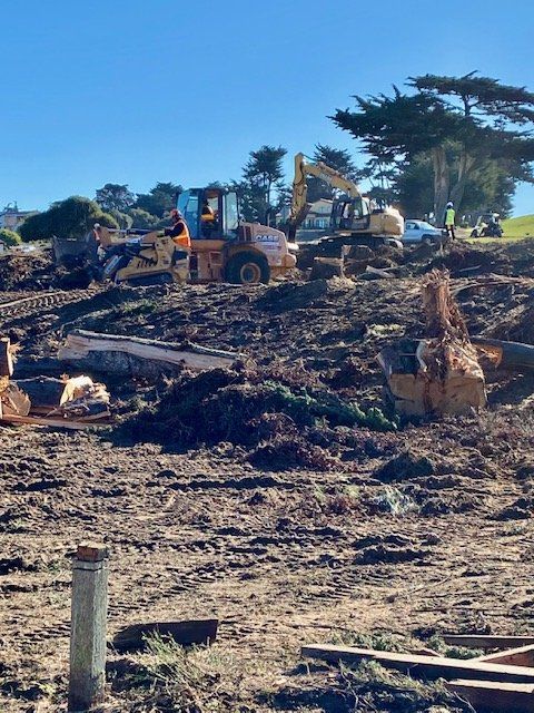 Construction site with bulldozer and excavator on dirt hill with cut logs, sunny day.
