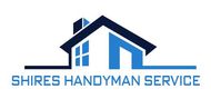 A logo for shire handyman service with a house and chimney