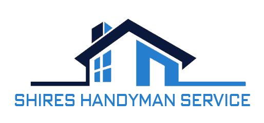 A logo for shire handyman service with a house and chimney