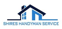 A logo for shire handyman service with a house and chimney