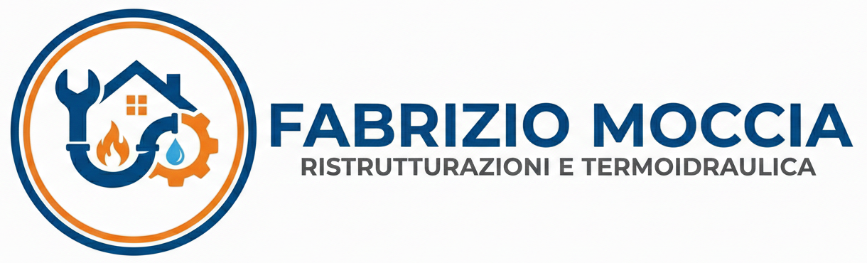 Logo per "Fabrizio Moccia" raffigurante una chiave inglese, una casa, delle fiamme, una goccia d'acqua e un ingranaggio in un cerchio.