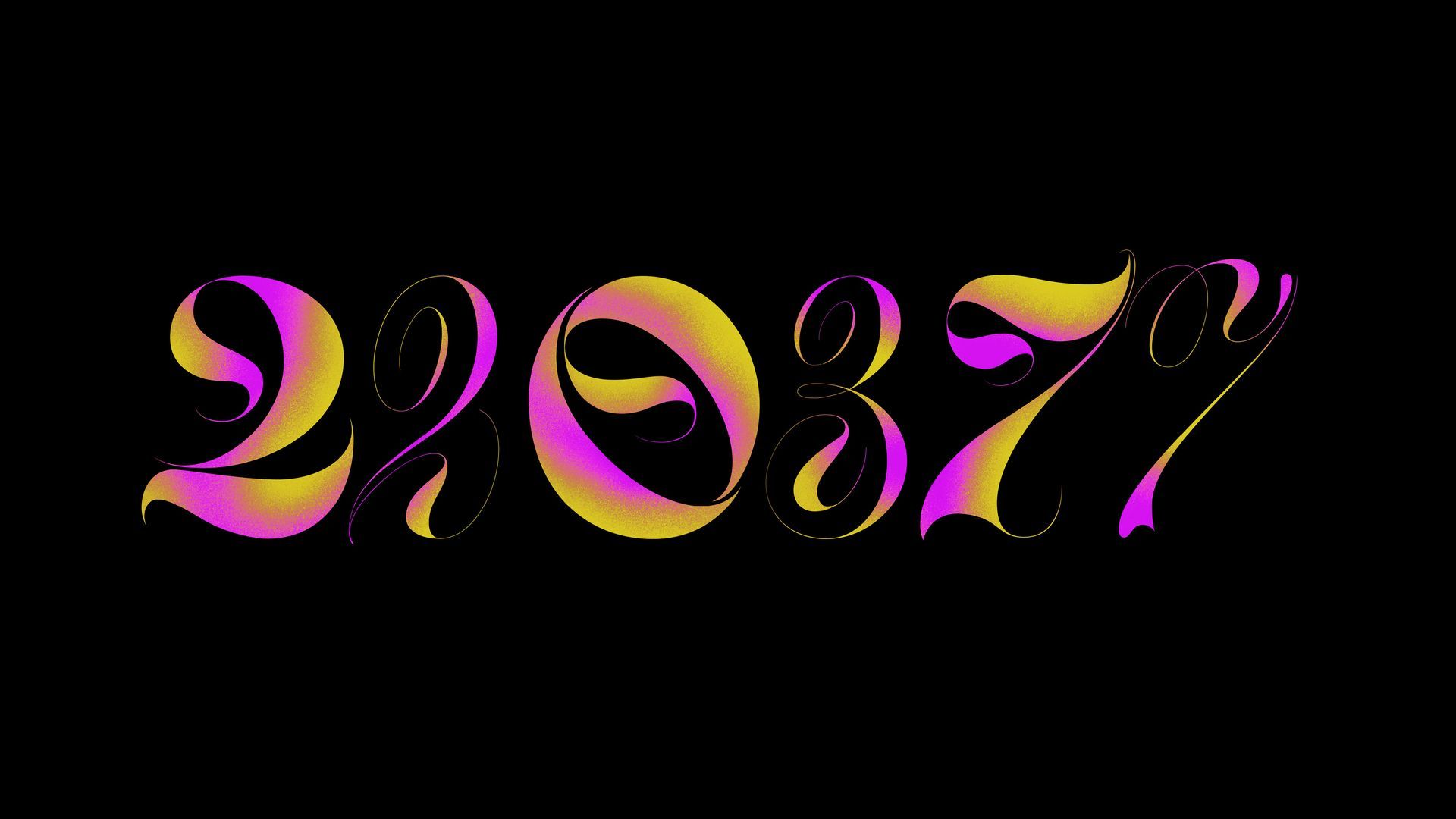 Stylized “29877” in pink, gold, and purple on a black background