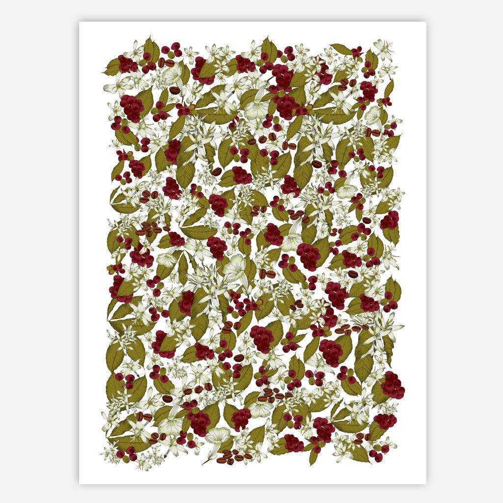 Floral pattern with red roses and olive-green leaves on a white background