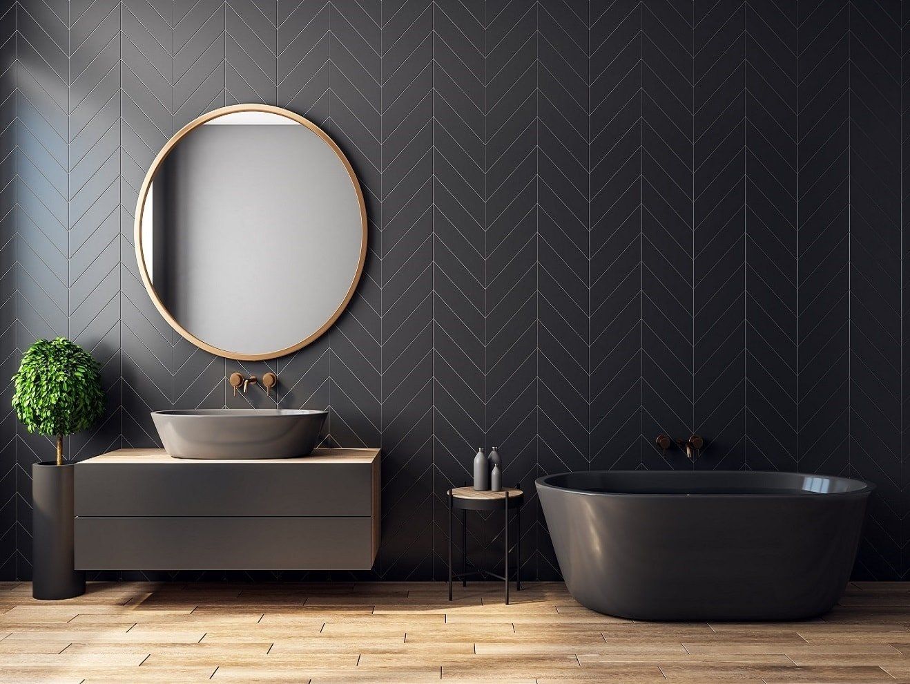 Newly renovated bathroom with an elegant dark grey theme for a residential home in Wollongong, NSW.