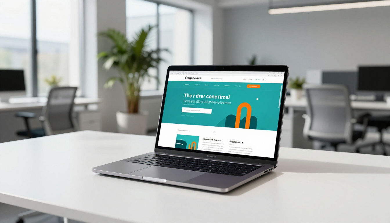Modern web design interface on a laptop in a bright Essex office environment