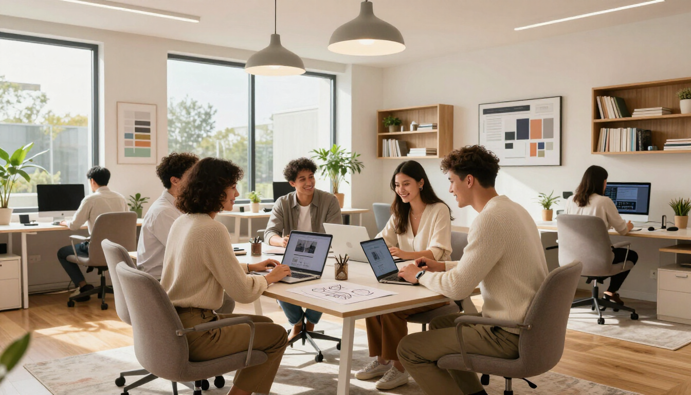 A team of web design experts collaborating in a modern Essex office.