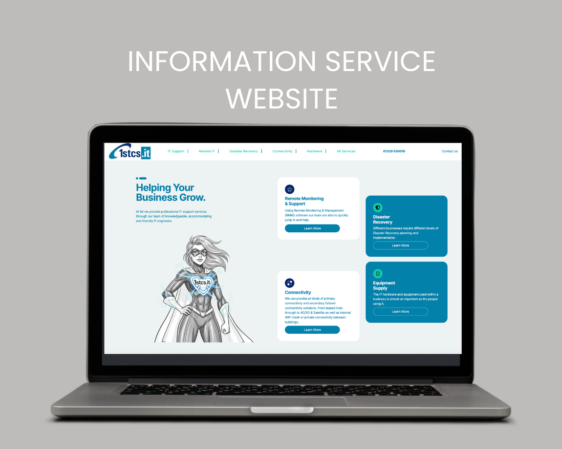 Laptop displaying an information service website with teal and white panels