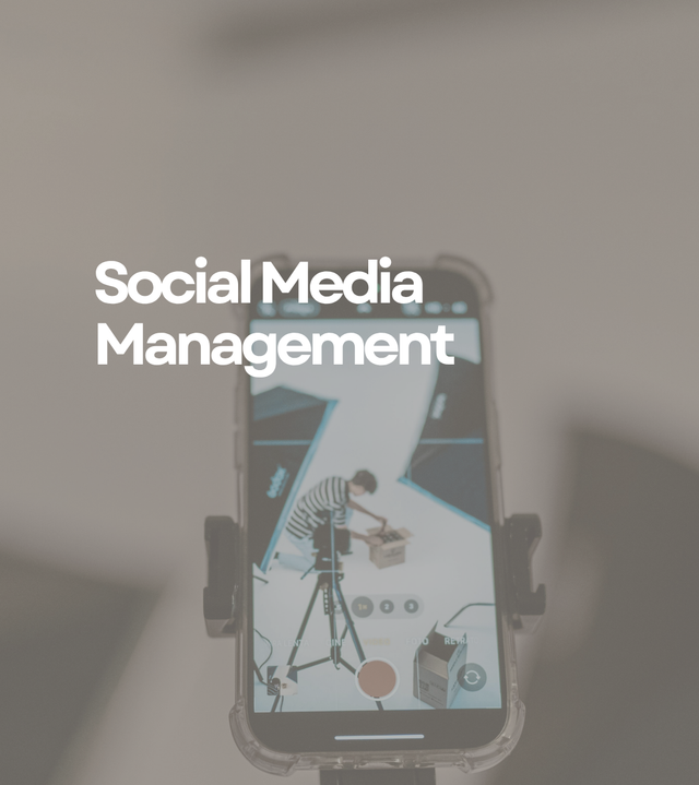 Social media management text over a smartphone with a tripod and camera app interface