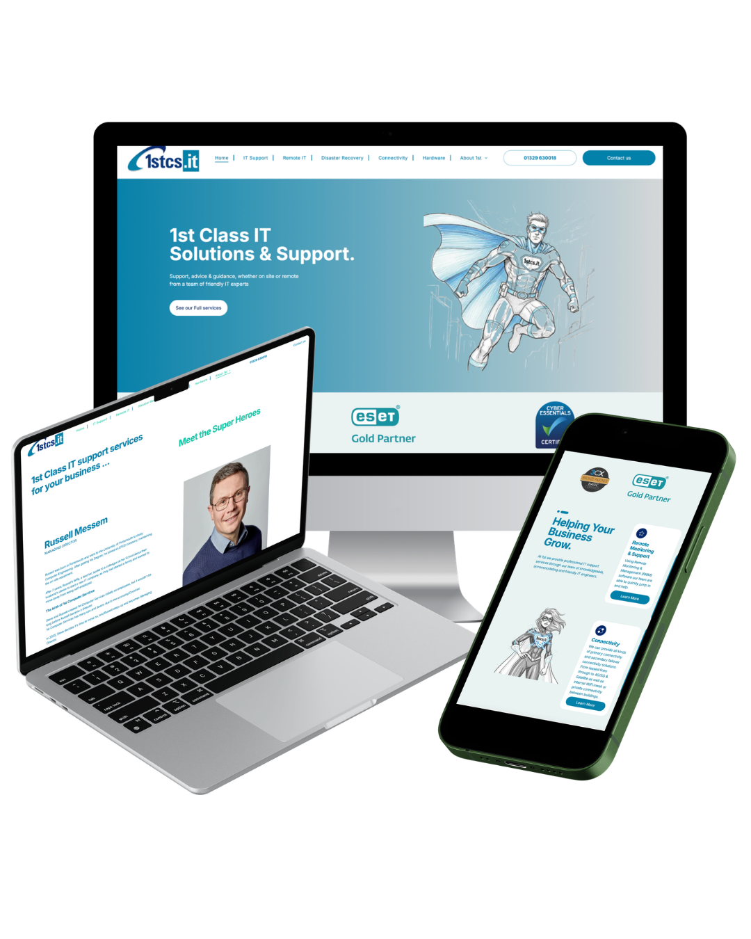 Laptop displaying an information service website with teal and white panels
