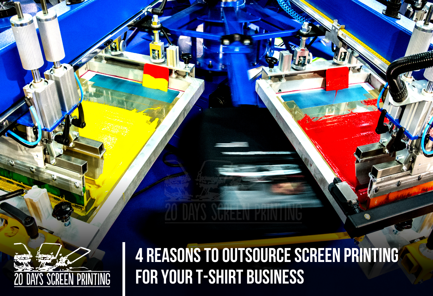 Machines screen printing t-shirts in different colors - outsource screen printing services.