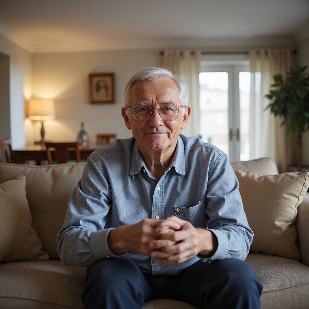 Man with glasses, seated on a sofa indoors, hands clasped. Natural light, relaxed pose.