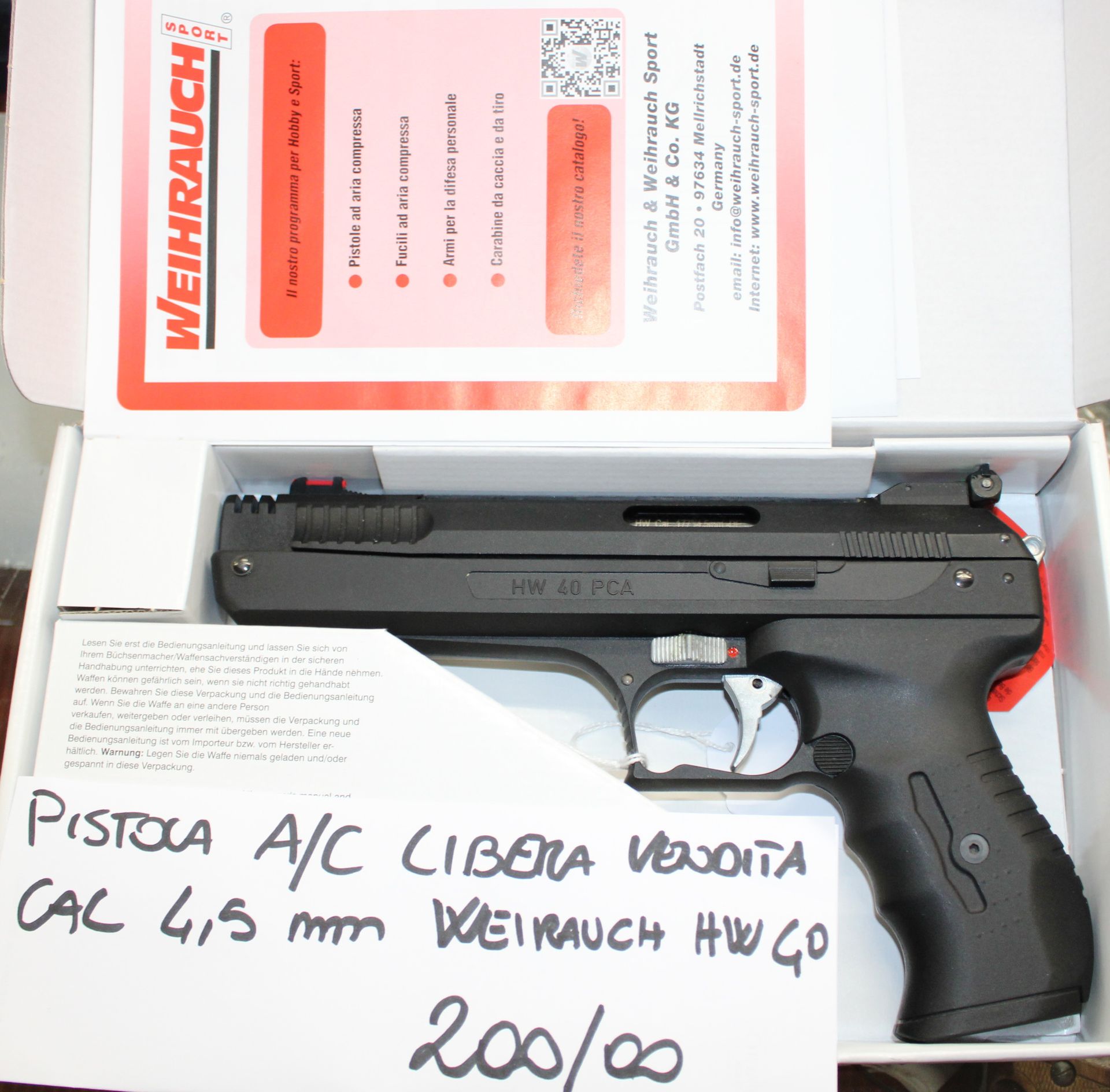 Pistola aria compressa libera vendita Weihrauch modello HW40 calibro 4,5mm. Prezzo di 200,00€