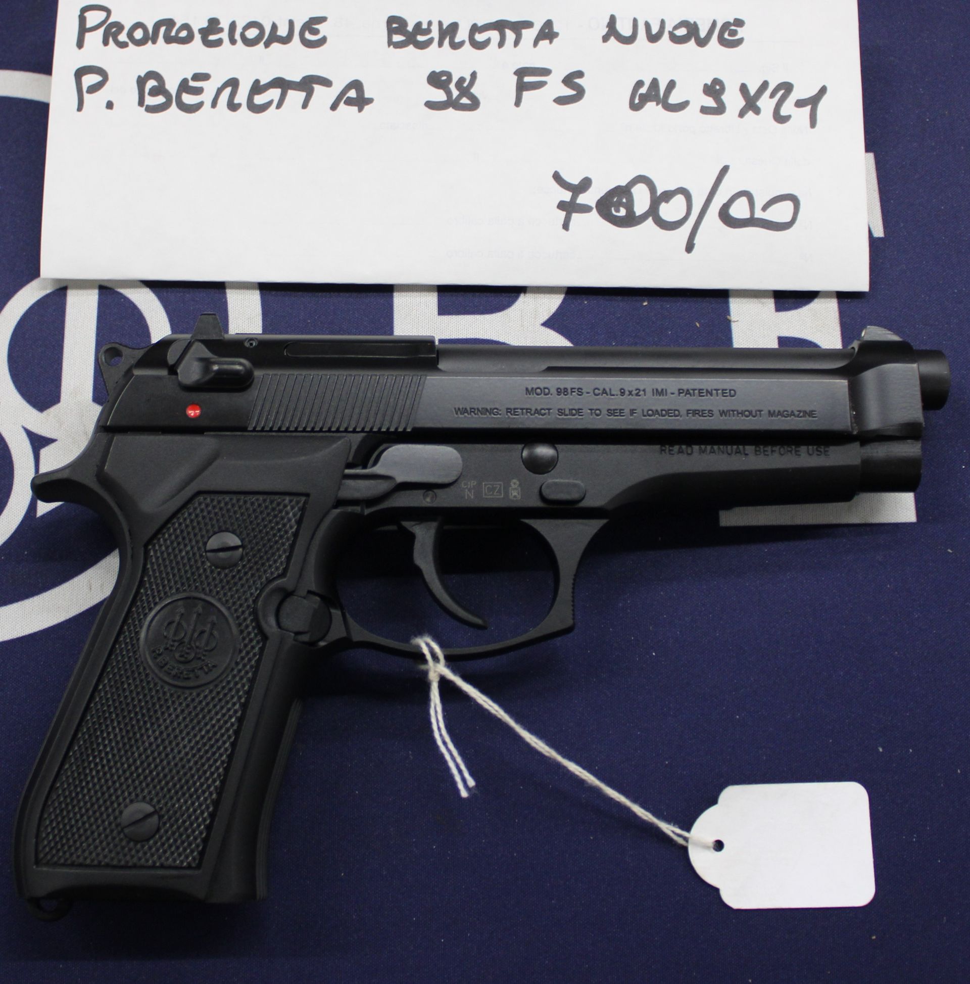 Pistola semiautomatica P.Beretta modello 98 FS calibro 9x21.
Prezzo 700,00€
ARMA NUOVA, PROMOZIONE!!!