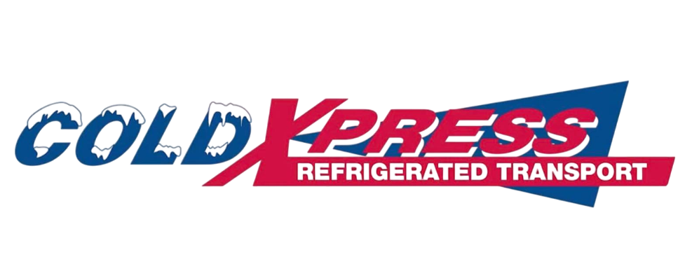 The logo for cold express refrigerated transport is blue and red.