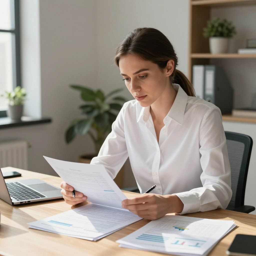 Žena kontroluje dokumenty u stolu v kanceláři.