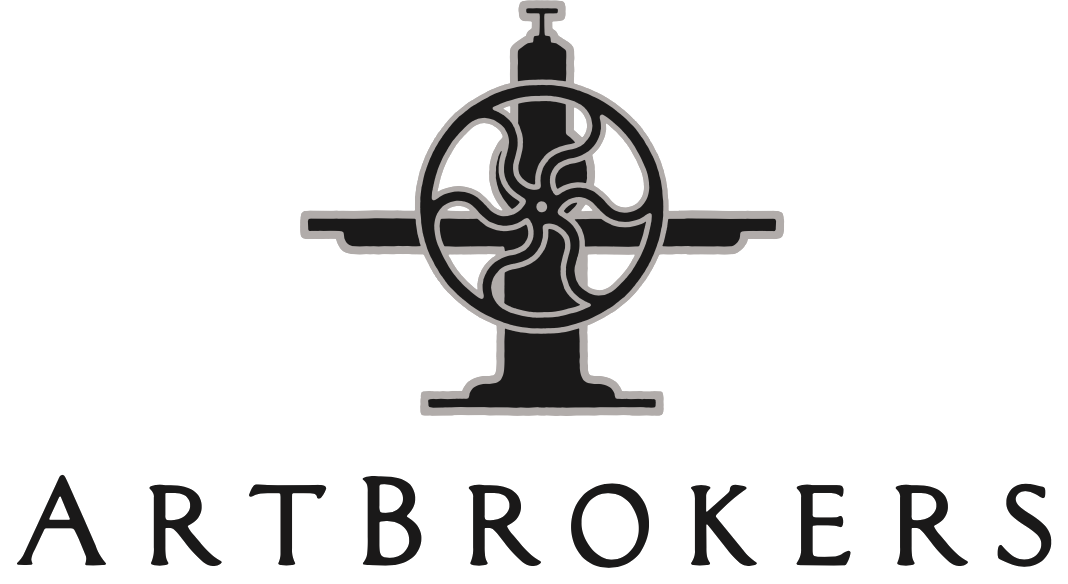 Art Brokers logo: Black ink printing press design. Below, the word 