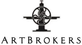 Art Brokers logo: Black ink printing press design. Below, the word 