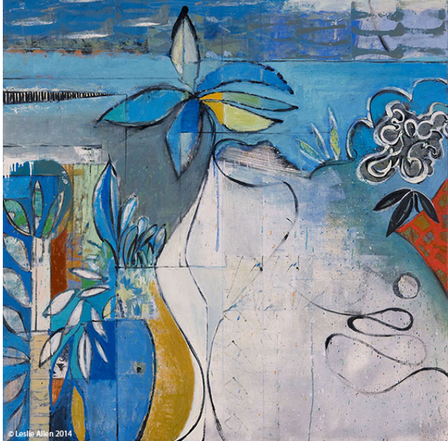 Abstract blue, white, and gold painting of flora and seascape, with organic shapes and lines.
