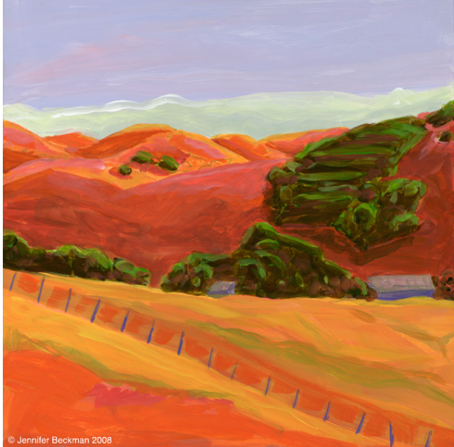 Rolling hills in shades of orange and red, with green shrubbery and a fence in the foreground.