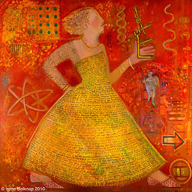 Woman in yellow dress holds a microscope, surrounded by scientific symbols and orange background.