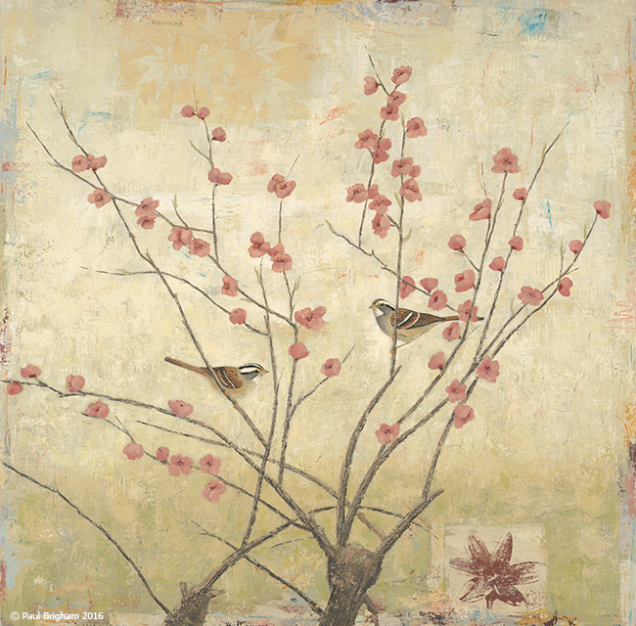 Two birds on flowering tree branches, with light brown and pink hues.